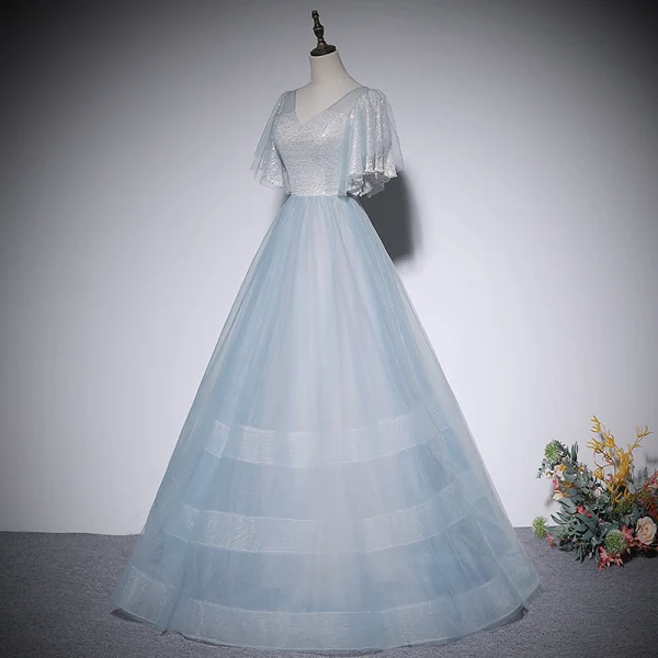 Fashion Sky Blue Sequins Prom Dresses 2022 A-Line / Princess V-Neck Short Sleeve Backless Floor-Length / Long Prom Formal Dresses