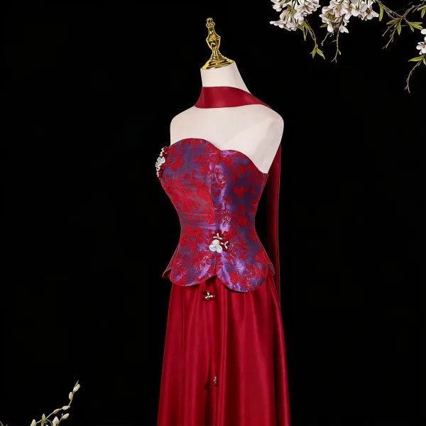 Vintage / Retro Burgundy Prom Dresses 2026 A-Line / Princess Strapless Sleeveless Backless Floor-Length / Long Formal Dresses