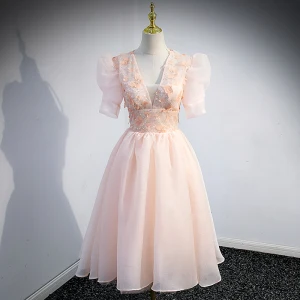 Chic Belle Rougissant Rose Perlage Paillettes Robe De Fête 2022 Princesse V Cou Appliques Manches Courtes Dos Nu Longue Robe De Ceremonie