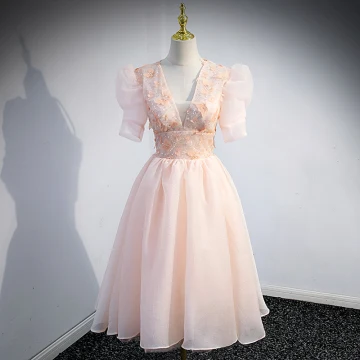 Chic Belle Rougissant Rose Perlage Paillettes Robe De Fête 2022 Princesse V Cou Appliques Manches Courtes Dos Nu Longue Robe De Ceremonie