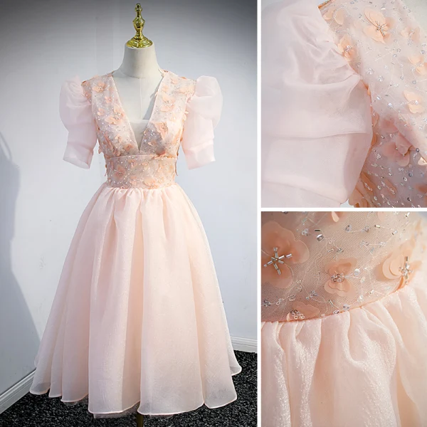 Chic / Beautiful Blushing Pink Beading Sequins Party Dresses 2022 A-Line / Princess V-Neck Appliques Short Sleeve Backless Floor-Length / Long Formal Dresses