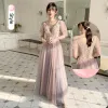 Chic / Beautiful Blushing Pink Lace Flower Bridesmaid Dresses 2023 A-Line / Princess Short Sleeve Backless Floor-Length / Long Bridesmaid Dresses