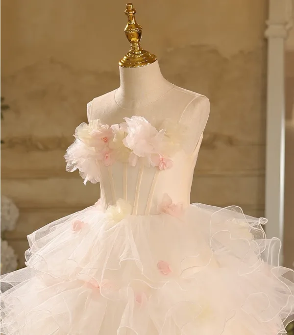 Lovely White Cascading Ruffles Appliques Birthday Flower Girl Dresses 2025 Ball Gown Scoop Neck Sleeveless Backless Floor-Length / Long