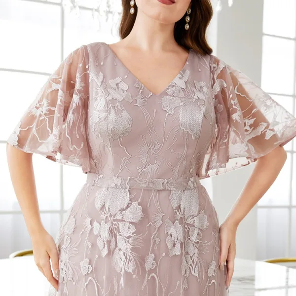Chic / Beautiful Blushing Pink Lace Flower Plus Size Evening Dresses 2025 A-Line / Princess V-Neck Short Sleeve Backless Evening Party Floor-Length / Long Formal Dresses