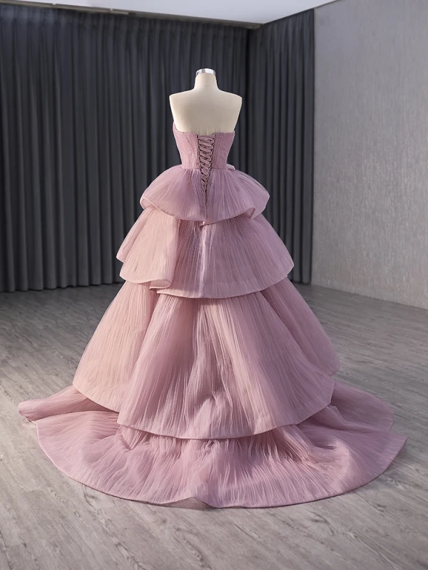 Mote Rødmende Rosa Gripende Ruffles Ballkjoler 2024 Ballkjole Kjæreste Uten Ermer Ryggløse Feie Tog Ball Formelle Kjoler