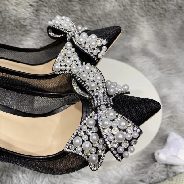 Charming Black Evening Party Rhinestone Pearl Bow Pumps 2022 12 cm Stiletto Heels Pointed Toe Pumps High Heels