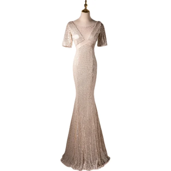 Scintillantes Charmant Champagne Perlage Paillettes Robe De Soirée 2022 Trompette / Sirène Encolure Dégagée Manches Courtes Dos Nu Longue Soirée Robe De Ceremonie