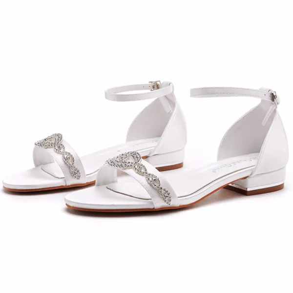 White Satin Flat Sandal with Mini Mesh Rhinestones Bow, Bridal Sandals