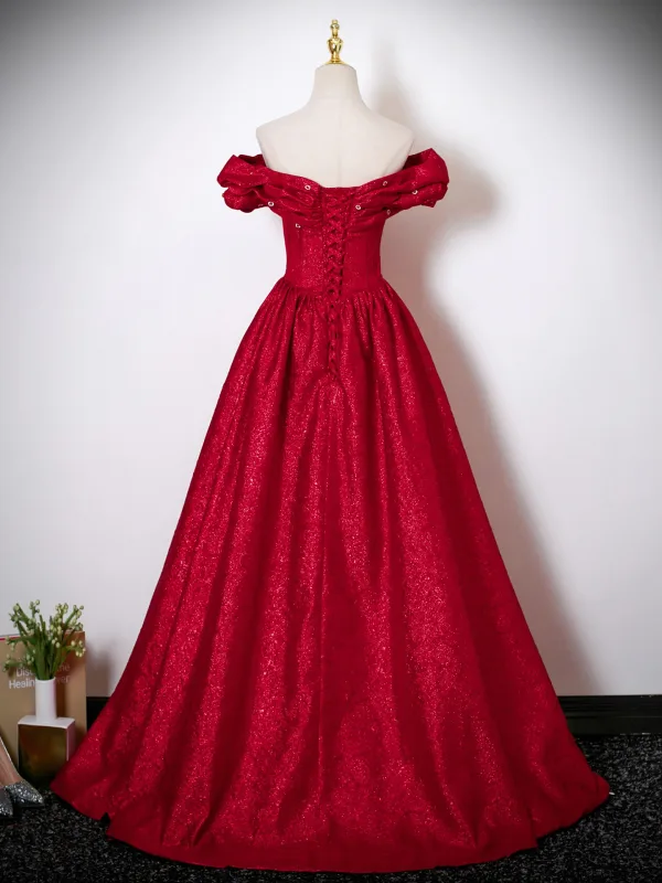 Chic / Beautiful Red Glitter Prom Dresses 2025 A-Line / Princess Off-The-Shoulder Short Sleeve Backless Floor-Length / Long Formal Dresses