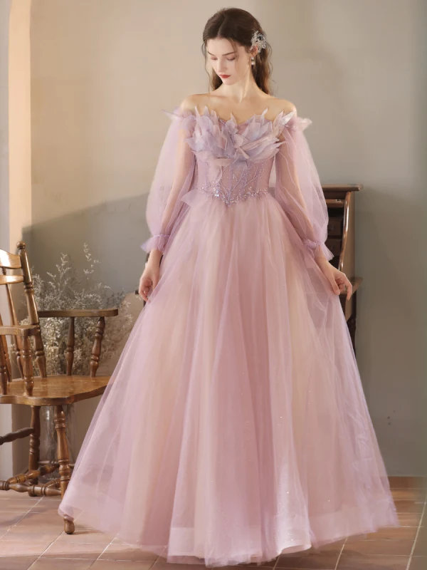 Schöne Lavendel Pailletten Ballkleider 2024 A Linie Off Shoulder Lange Ärmel Rückenfreies Lange Ball Festliche Kleider