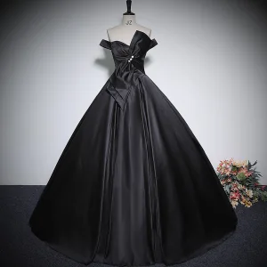 Elegantes Negro Satén Vestidos De Gala 2023 Ball Gown Fuera Del Hombro Bowknot Sin Mangas Sin Espalda Largos Gala Vestidos Formales