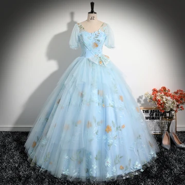 Elegante Hemelsblauw Parel Kant Bloem Appliques Galajurken 2024 Baljurk U Hals Korte Mouwen Ruglooze Lange Gala Gelegenheid Jurken