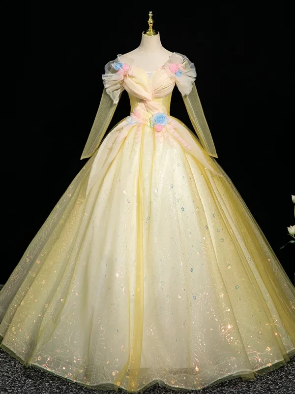 Chic / Beautiful Yellow Appliques Sequins Prom Dresses 2025 Ball Gown Off-The-Shoulder Long Sleeve Backless Floor-Length / Long Formal Dresses
