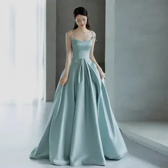 Élégant Bleu Ciel Robe De Bal 2024 Princesse Bretelles Spaghetti Perle Sans Manches Dos Nu Train De Balayage Promo Robe De Ceremonie