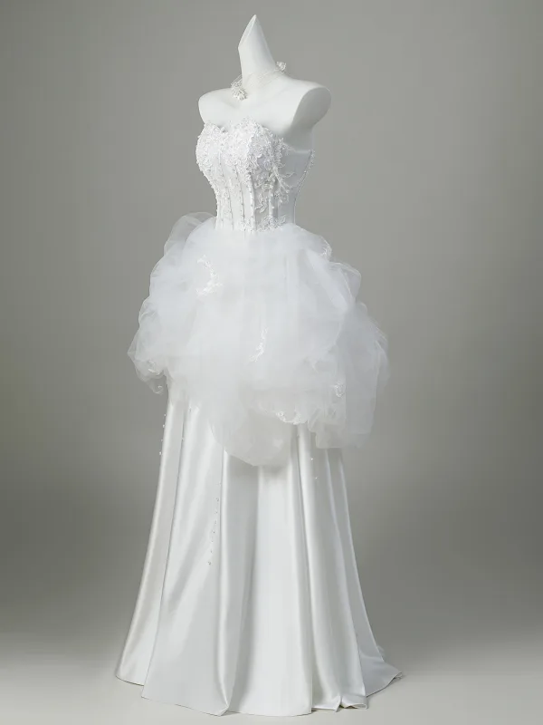 Elegant White Pearl Lace Flower Satin Wedding Dresses 2026 Ball Gown Strapless Sleeveless Backless Floor-Length / Long