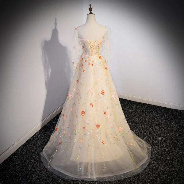 Fée Des Fleurs Jonquille Paillettes Fleur Robe De Bal 2023 Princesse Encolure Carrée Manches Courtes Dos Nu Longue Robe De Ceremonie