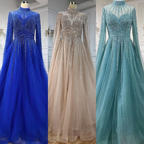 High End Elegante Lindgrün Handgefertigt Perlenstickerei Pailletten Ballkleider 2024 A Linie Stehkragen Lange Ärmel Sweep / Pinsel Zug Ball Festliche Kleider
