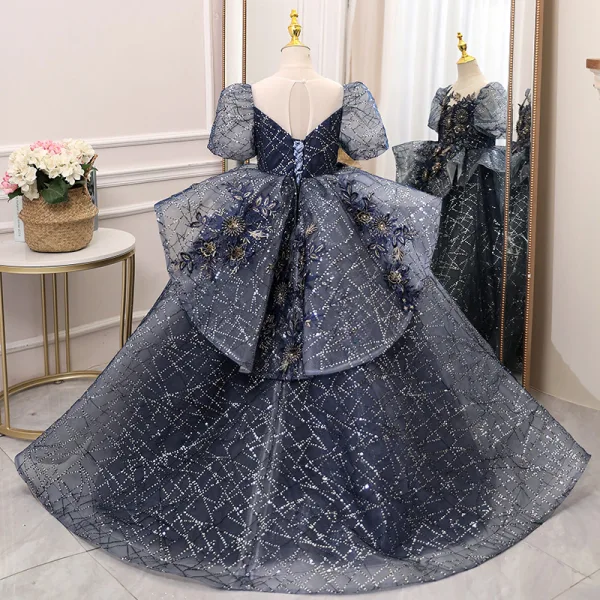 Vintage / Retro Navy Blue Beading Rhinestone Sequins Birthday Flower Girl Dresses 2022 Ball Gown Scoop Neck Puffy Short Sleeve Backless Floor-Length / Long Flower Girl Dresses