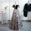 Elegant Black Printing Prom Dresses 2022 A-Line / Princess Off-The-Shoulder Puffy Short Sleeve Backless Floor-Length / Long Formal Dresses