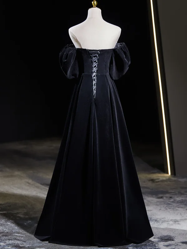 Elegant Black Velvet Rhinestone Prom Dresses 2024 A-Line / Princess Off-The-Shoulder Short Sleeve Backless Floor-Length / Long Prom Formal Dresses