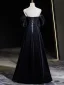 Elegant Black Velvet Rhinestone Prom Dresses 2024 A-Line / Princess Off-The-Shoulder Short Sleeve Backless Floor-Length / Long Prom Formal Dresses