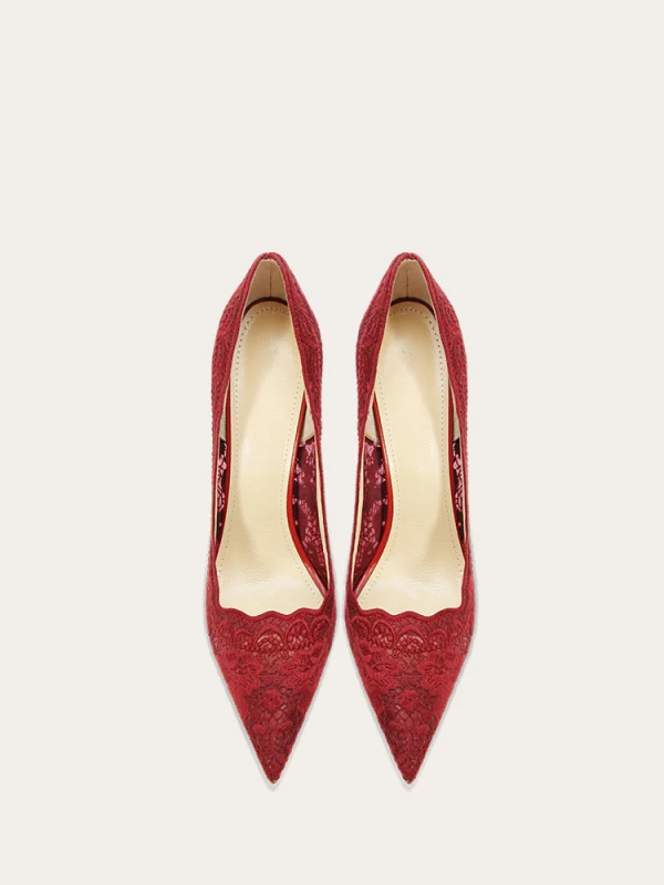 Chic / Beautiful Burgundy Lace Flower Wedding Shoes 2024 Leather 10 cm Stiletto Heels Pointed Toe Wedding Pumps High Heels
