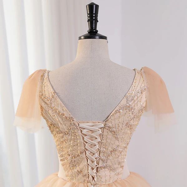 Elegant Champagne Beading Sequins Prom Dresses 2023 Ball Gown V-Neck Short Sleeve Backless Floor-Length / Long Prom Formal Dresses