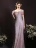 Charming Blushing Pink Beading Pearl Sequins Prom Dresses 2024 Trumpet / Mermaid Off-The-Shoulder Sleeveless Backless Floor-Length / Long Prom Formal Dresses