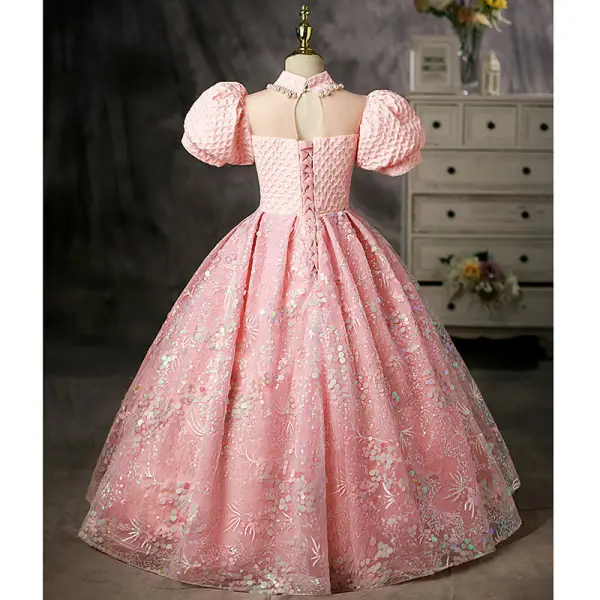 Charmant Rose Bonbon Anniversaire Perle Faux Diamant Paillettes Robe Ceremonie Fille 2022 Robe Boule Col Haut Gonflée Manches Courtes Longue Robe Ceremonie Fille