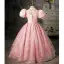 Charmant Rose Bonbon Anniversaire Perle Faux Diamant Paillettes Robe Ceremonie Fille 2022 Robe Boule Col Haut Gonflée Manches Courtes Longue Robe Ceremonie Fille