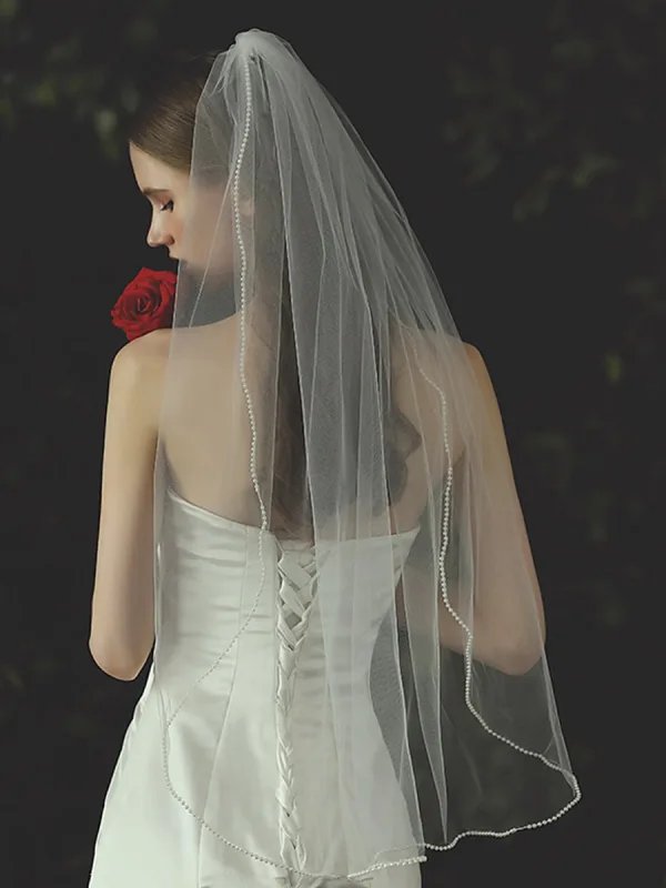 Modest / Simple White Handmade  Pearl Bridal 1 m Wedding Veils 2025 Tulle