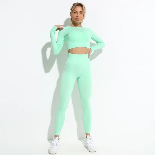 Einfarbig Himmelblau Fest Yoga & Sport Set Rundhalsausschnitt Lange Ärmel Figurbetontes Leggings 2021