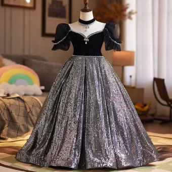 Sparkly Black Rhinestone Sequins Birthday Flower Girl Dresses 2026 Ball Gown Square Neckline Short Sleeve Backless Floor Length Long