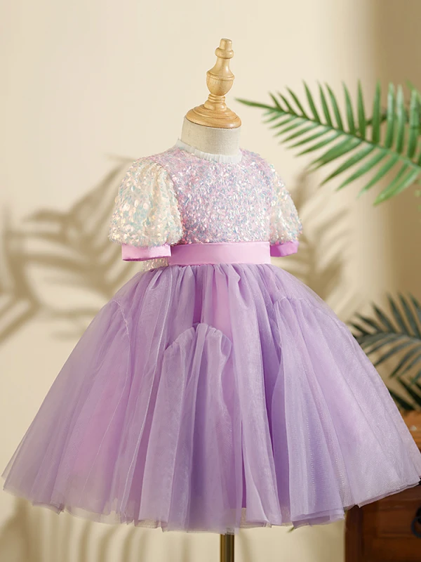 Bling Bling Lavender Beading Sequins Birthday Short Flower Girl Dresses 2024 Ball Gown Scoop Neck Short Sleeve