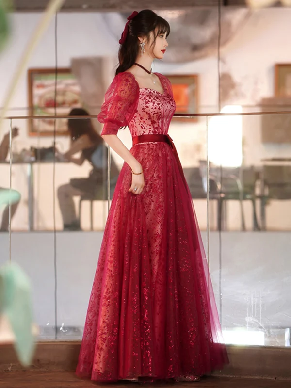 Chic / Belle Bordeaux Robe De Bal 2022 Princesse Encolure Carrée Paillettes Manches Courtes Dos Nu Noeud Ceinture Longue Robe De Ceremonie