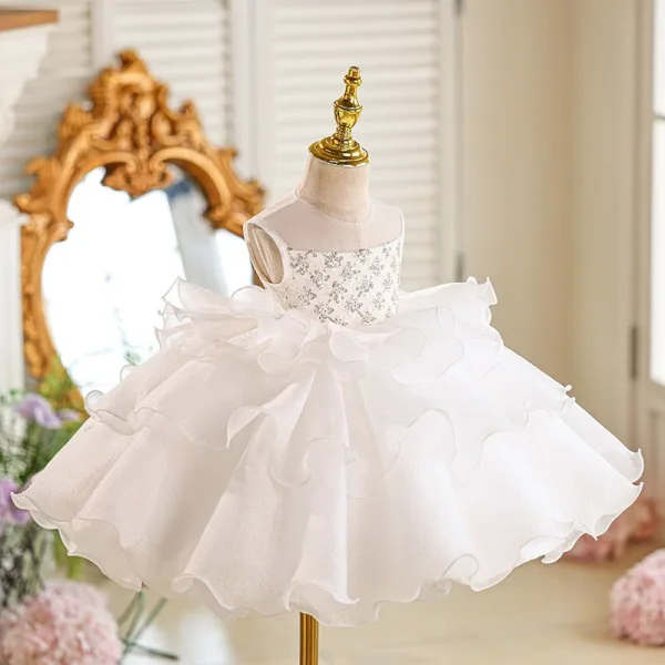 Voluminous Champagne Beading Sequins Cascading Ruffles Birthday Short Flower Girl Dresses 2026 Ball Gown Scoop Neck Sleeveless Backless