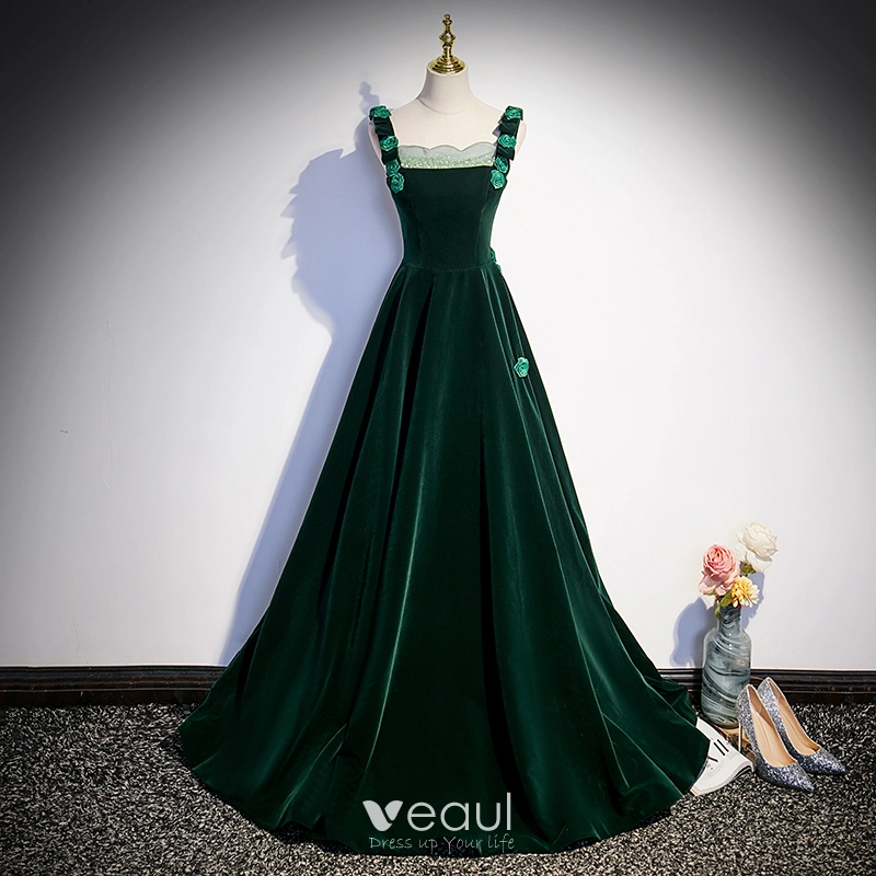 Modest Simple Dark Green Appliques Suede Prom Dresses 2023 A Line Princess Square Neckline Sleeveless Backless Floor Length Long Prom Formal Dresses