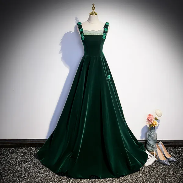 Modest / Simple Dark Green Appliques Suede Prom Dresses 2023 A-Line / Princess Square Neckline Sleeveless Backless Floor-Length / Long Prom Formal Dresses