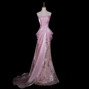 Fantaisiste Rose Bonbon Perlage Faux Diamant Paillettes Robe De Soirée 2026 Satin Trompette Sirène Bustier Sans Manches Dos Nu Train De Balayage Robe De Ceremonie