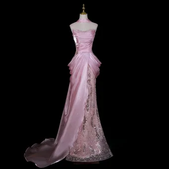 Fantaisiste Rose Bonbon Perlage Faux Diamant Paillettes Robe De Soirée 2026 Satin Trompette Sirène Bustier Sans Manches Dos Nu Train De Balayage Robe De Ceremonie