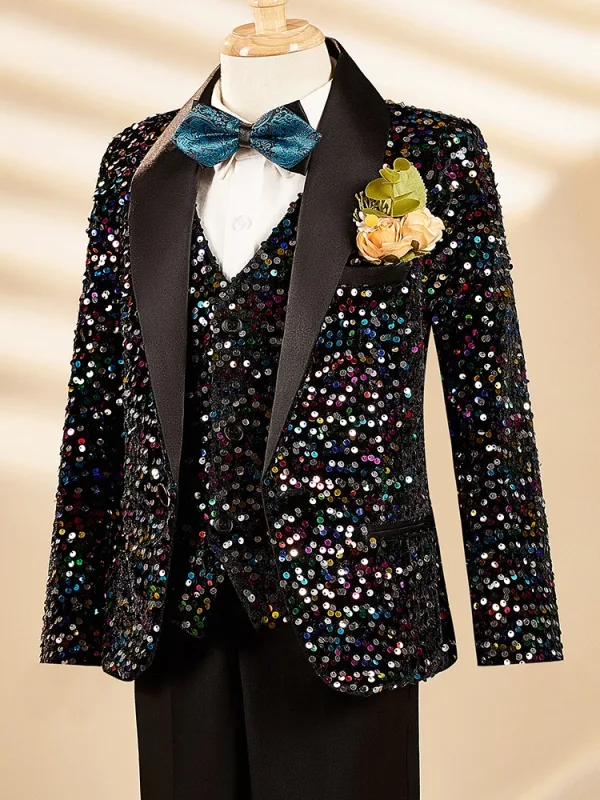 Black Fall Winter Long Sleeve Multi-Colors Sequins 6-piece Boys Wedding Suits 2025 Body Jewellery Coat Pants Shirt Tie Vest Boys Wedding Suits