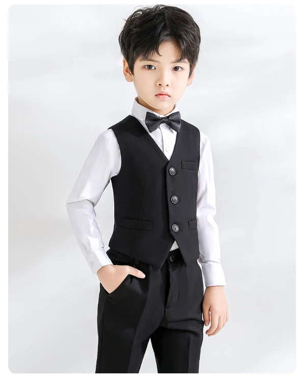Modern / Fashion Black Long Sleeve Boys Wedding Suits 2023 Coat Pants Shirt Tie Vest Wedding