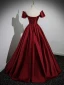 Elegant Burgundy Satin Prom Dresses 2023 Ball Gown Off-The-Shoulder Short Sleeve Backless Floor-Length / Long Prom Formal Dresses