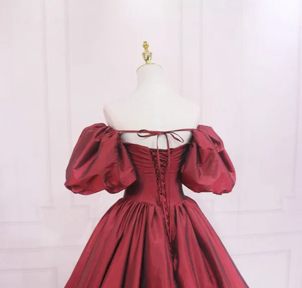 Demure Burgundy Prom Dresses 2025 Ball Gown Off-The-Shoulder Puffy Short Sleeve Backless Sweep Train Prom Formal Dresses