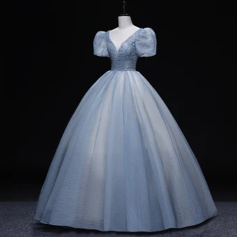 Chic Belle Bleu Ciel Robe De Bal 2022 Robe Boule V Cou Gonflée Manches Courtes Dos Nu Perlage Faux Diamant Paillettes Longue Promo Robe De Ceremonie