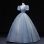 Chic / Beautiful Sky Blue Prom Dresses 2022 Ball Gown V-Neck Puffy Short Sleeve Backless Beading Rhinestone Sequins Floor-Length / Long Prom Formal Dresses