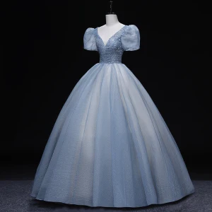 Schöne Himmelblau Ballkleider 2022 Ballkleid V Ausschnitt Geschwollenes Kurze Ärmel Rückenfreies Perlenstickerei Strass Pailletten Lange Ball Festliche Kleider