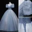 Chic / Beautiful Sky Blue Prom Dresses 2022 Ball Gown V-Neck Puffy Short Sleeve Backless Beading Rhinestone Sequins Floor-Length / Long Prom Formal Dresses