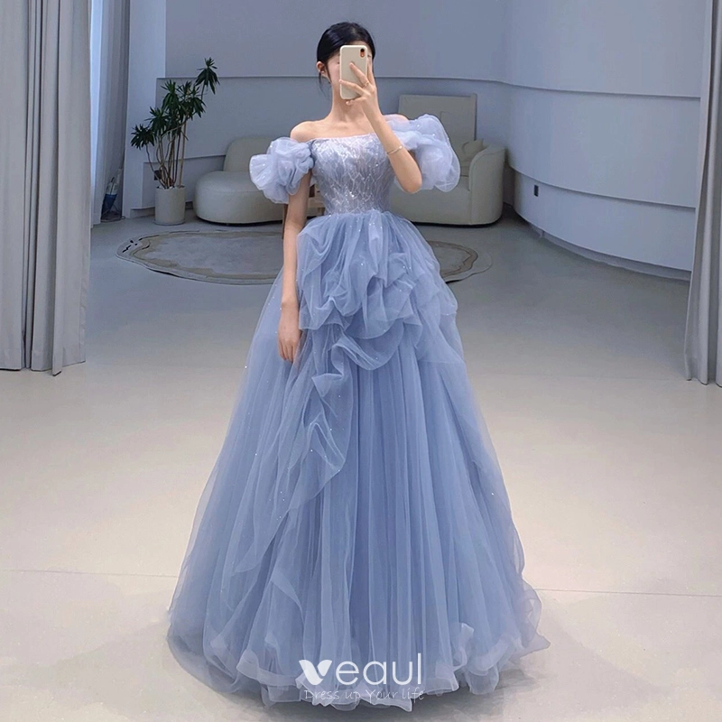 Chic / Beautiful Sky Blue Cascading Ruffles Sequins Prom Dresses 2023 A-Line / Princess Off-The-Shoulder Puffy Short Sleeve Backless Floor-Length / Long Prom Formal Dresses Chic / Beautiful Sky Blue Cascading Ruffles Sequins Prom Dresses 2023 A-Line / Princess Off-The-Shoulder Puffy Short Sleeve Backless Floor-Length / Long Prom Formal Dresses