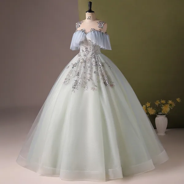 Élégant Vert Cendré Perlage Paillettes Robe De Bal 2024 Robe Boule Encolure Dégagée Manches Courtes Dos Nu Longue Promo Robe De Ceremonie